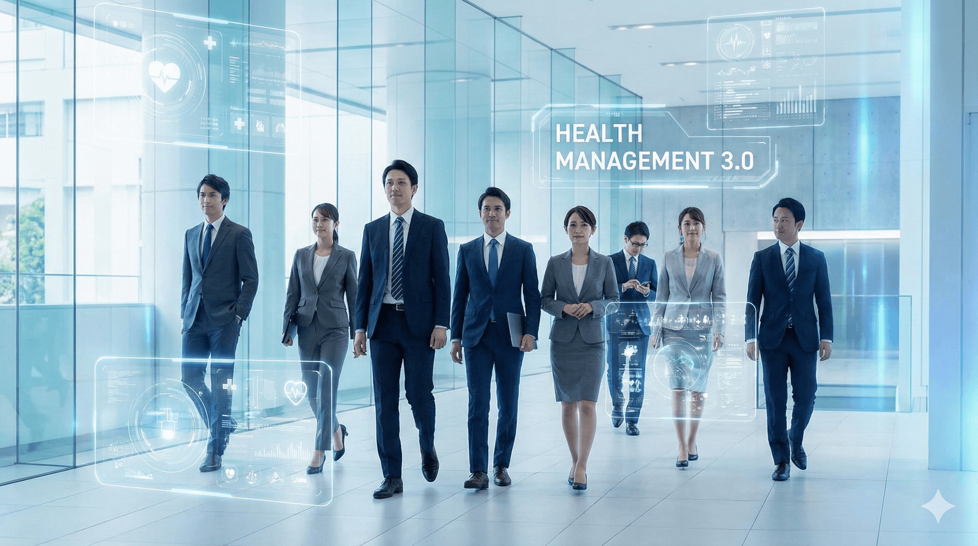 ビジネスパーソンと未来的な医療イメージ